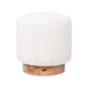 English Elm Jennifer Taylor Home - Tilly Plush 16.5" Round Fur Pouf Ottoman in Cottontail White Faux Fur with Burl Wood Base, Cozy Accent B2719P277868