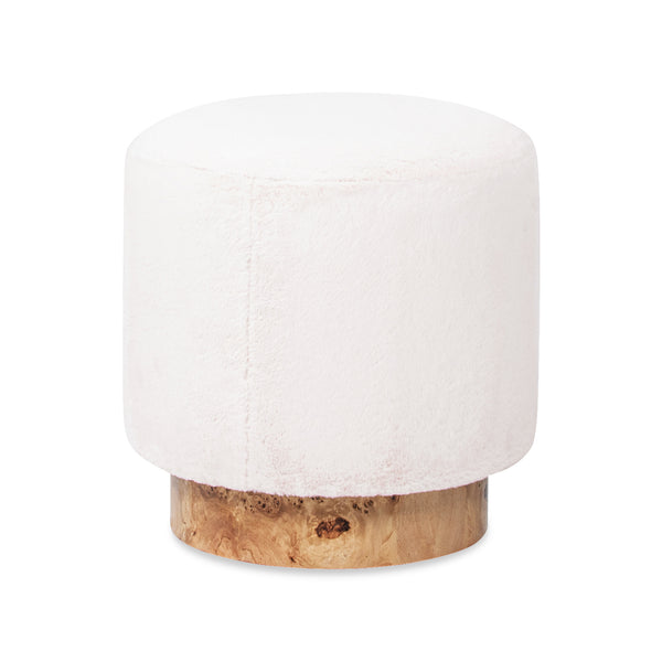 English Elm Jennifer Taylor Home - Tilly Plush 16.5" Round Fur Pouf Ottoman in Cottontail White Faux Fur with Burl Wood Base, Cozy Accent B2719P277868