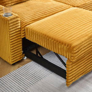 English Elm 80-inch Corduroy Folding Sofa Bed with Hidden Recline, Cup Holder & Pillows, Solid Wood Frame, 500lb Orange W3356S00008