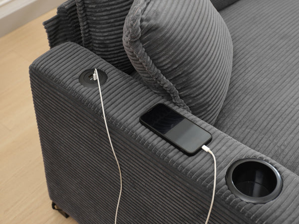 English Elm L Shape Sofa Couch - Modern 2-Seater With Usb, Cup Holder & Footstool In Soft Corduroy Gray Fabric W2100S00138