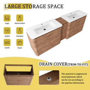 English Elm 92'' Freestanding Double Sink Bathroom Vanity Oak Melamine Soft Close Storage Set W999S00517