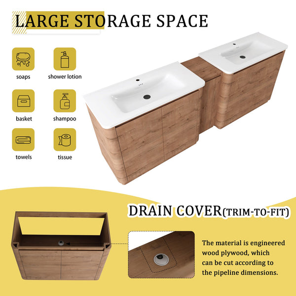 English Elm 92'' Freestanding Double Sink Bathroom Vanity Oak Melamine Soft Close Storage Set W999S00517