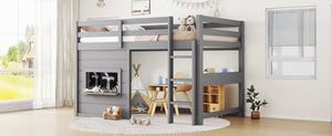 English Elm Twin Loft Bed House Frame with Sliding Chalkboard Built-in Bookshelf and Safety Rails Gray W1580S00320
