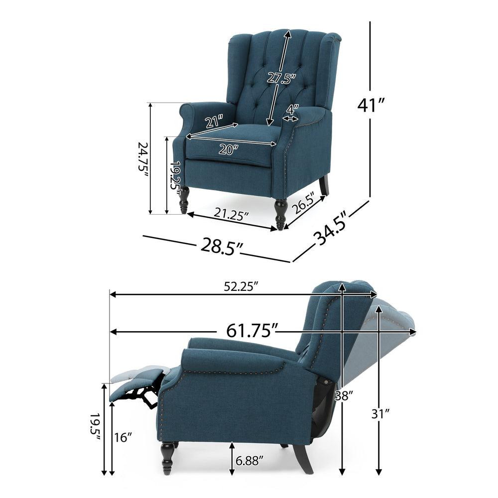 English Elm Dark Blue Wingback Recliner with Diamond Tufted Fabric and Pushback Mechanism 56992.00DBL