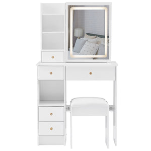 English Elm 29.2" Compact Left Drawer Vanity Table Set With Touch Control Led Mirror & Cushioned Stool For Small Spaces W3258P299611