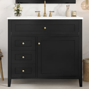 English Elm 36-Inch Black Bathroom Vanity With Sink – Modern Design, 3 Drawers, Adjustable Shelf For Storage N725P350821B