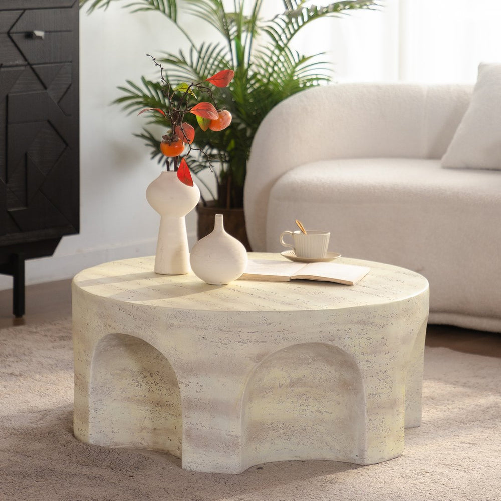 English Elm Mars Sculptural Round Accent Table Arched Cutout Base Minimalist Beige Living Room W3081P440608