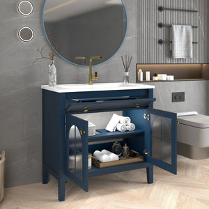 English Elm 35.6" Freestanding Bathroom Vanity with Roman Column Base and Ceramic Integrated Sink Blue W1801S00013