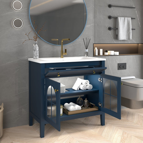 English Elm 35.6" Freestanding Bathroom Vanity with Roman Column Base and Ceramic Integrated Sink Blue W1801S00013
