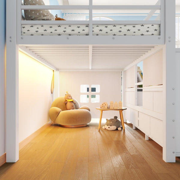 English Elm Twin Low Loft Bed with Shelves Fabric Drawers and Under Bed Study Nook Metal Frame Light White W5305S00042