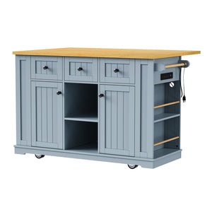 English Elm K&k 53 Inch Kitchen Island Set with Bar Stools Power Outlet Drop Leaf and Storage Grey-Blue N707S003007G