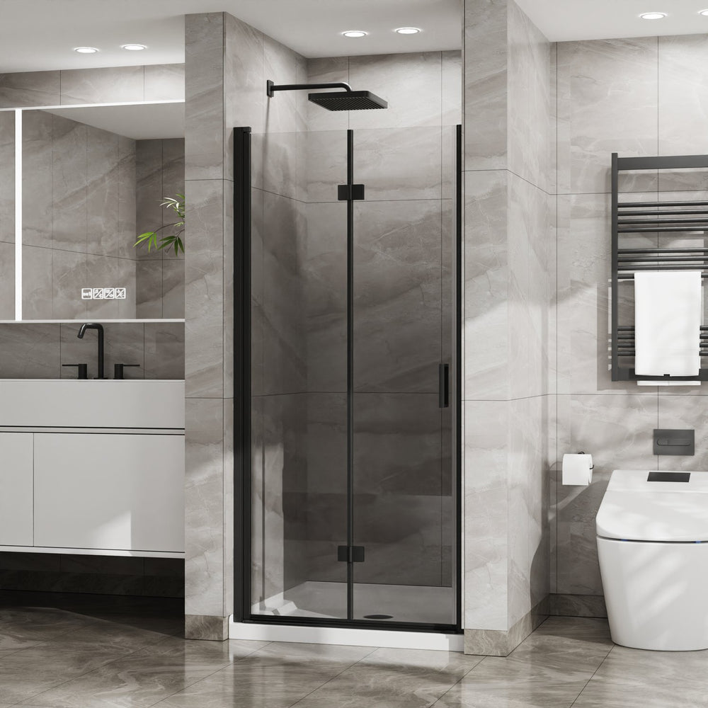 English Elm Goodyo 34"X72" Frameless Bi-Fold Glass Shower Door Combo With White Acrylic Base & Black Finish W1223S00022