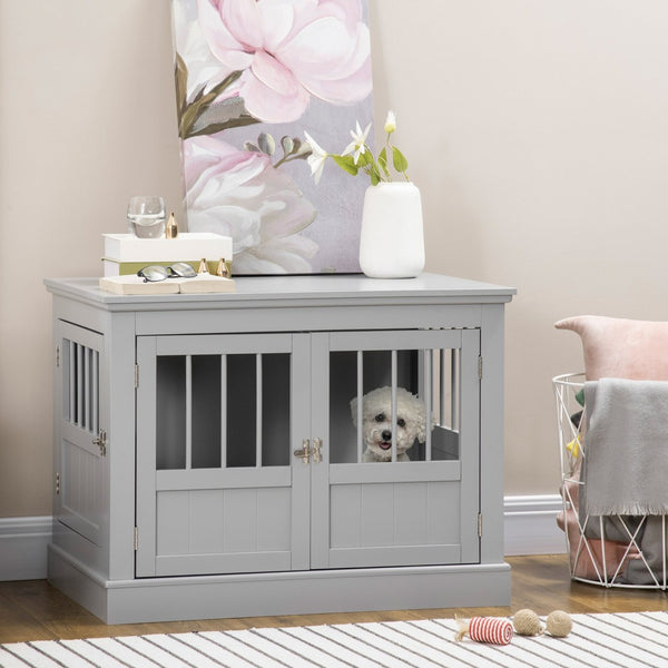 English Elm Pawhut Stylish Dog Crate End Table With Triple Doors, Cozy Wooden Furniture For Small Pets, Gray W2225P217151-GIGA