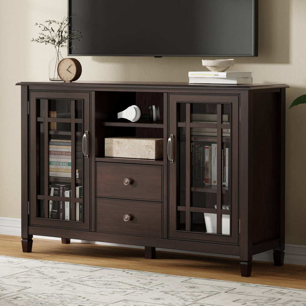 English Elm Connaught Tall TV Stand Brown Pine - Handcrafted Solid Wood, Tempered Glass, 60" TV, Ample Storage B136P261842