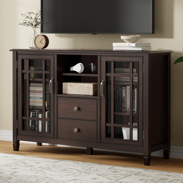 English Elm Connaught Tall TV Stand Brown Pine - Handcrafted Solid Wood, Tempered Glass, 60" TV, Ample Storage B136P261842