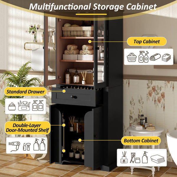 English Elm 67.2" Tall Bathroom Storage Cabinet with Tempered Glass Doors, Adjustable Shelves, Soft-Close Hinges and Anti-Tip Safety Black N729P310006B