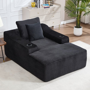 English Elm 67" Corduroy Oversized Chaise Sleeper Sofa Deep Seat Boneless Lounge with Cup Holder Pillows Black W1803P409253