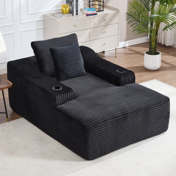 English Elm 67" Corduroy Oversized Chaise Sleeper Sofa Deep Seat Boneless Lounge with Cup Holder Pillows Black W1803P409253