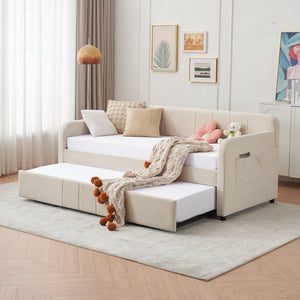 English Elm Twin Upholstered Daybed with Trundle Sofa Bed for Guest Room, Pine Wood Frame, Velvet Upholstery, Sturdy Slat Support and Full-Length Comfort Beige W1361S00020
