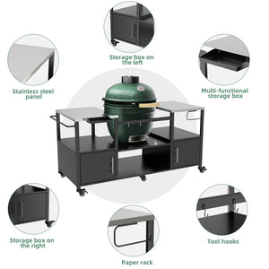 English Elm Outdoor Heavy Duty Steel Kamado Grill Cart with Locking Casters and Storage Boxes W3190P305792
