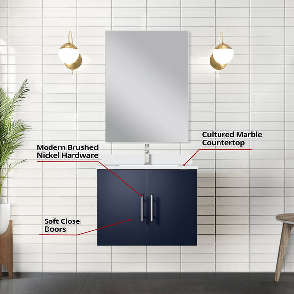 English Elm Navy Blue Single Bath Vanity Set With Cultured Marble Top, Mirror & Chrome Faucet - Compact Style! B2731S01300