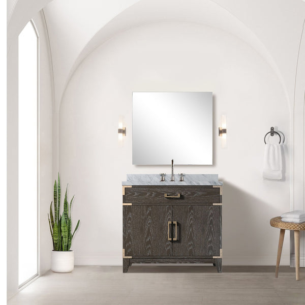 English Elm Brown Oak Single Bath Vanity With Carrara Marble Top & Chrome Faucet - Elegant Storage Solution B2731P259784