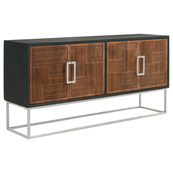 English Elm Washoe Rustic Walnut and Silver 4-Door Accent Cabinet with Metal Legs, Storage Shelves, 67"W B062P358336