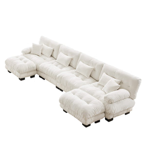 English Elm Free Modular Sectional Sofa – U-Shaped 4-Seater Cloud Couch With 2 Ottomans In Soft Chenille White W714S01006
