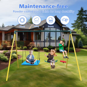 English Elm 3 in 1 Backyard Swing Set Steel A-frame with Belt Saucer and Climbing Rope W1408P169746