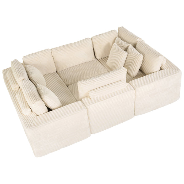 English Elm 135.5" Beige Corduroy U-shaped Sectional Six-seater with Reversible Chaise for Living Rooms W3276S00019
