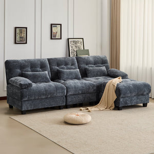 English Elm Ottoman and Chenille Sofa Set with Adjustable Backrest for Relaxed Living Room Comfort Blue W2606P359226