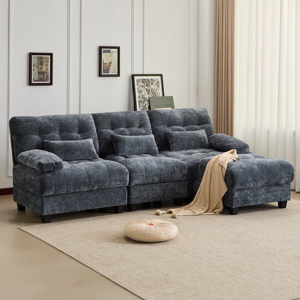 English Elm Ottoman and Chenille Sofa Set with Adjustable Backrest for Relaxed Living Room Comfort Blue W2606P359226