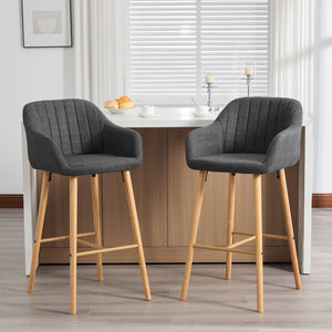 English Elm Modern Linen Upholstered Barstools with Oak Legs Armrests and Footrest for Kitchen Islands Black W395P396317