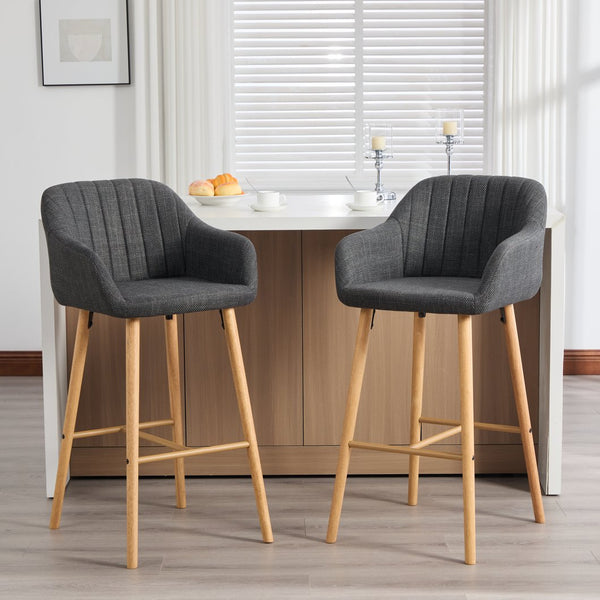 English Elm Modern Linen Upholstered Barstools with Oak Legs Armrests and Footrest for Kitchen Islands Black W395P396317