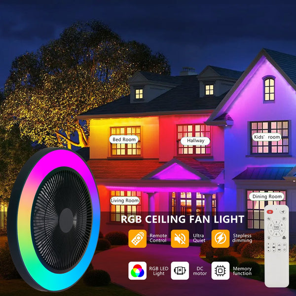 English Elm 19-inch Black Ceiling Fan Light with RGB LED, Dimmable Smart APP & Remote, Silent DC Motor, 6-Speed Reversible W2312P368712