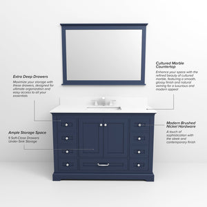 English Elm Navy Single Bath Vanity 48" W x 22" D with Cultured Marble Top, Solid Wood, Soft-Close Drawers, Ample Storage B2731P258359