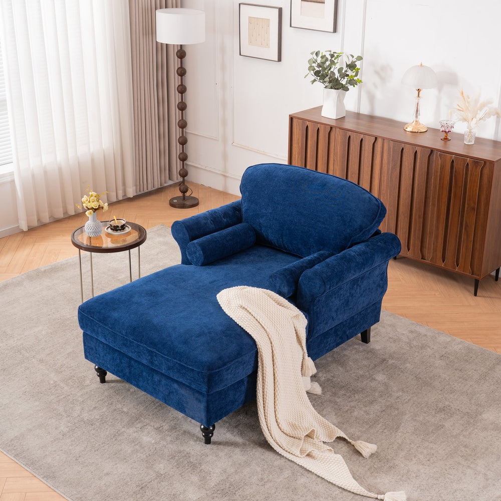 English Elm [New] Oversized Chaise Lounge Indoor Chenille Sleeper Recliner Armchair with Wide Foam Seat & Pillows Blue W2363S00084