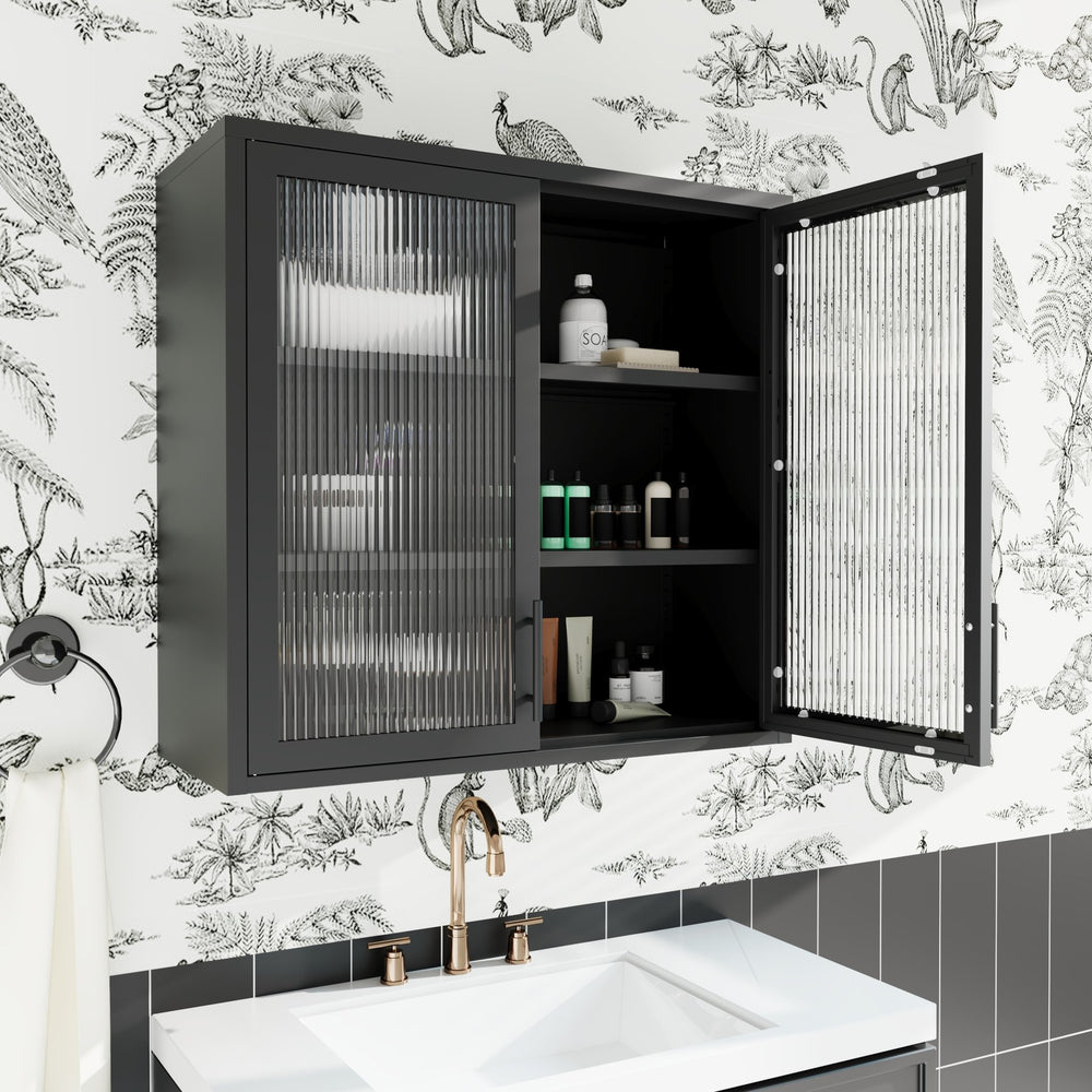 English Elm Retro Wall-Mounted Cabinet with Hazy Tempered Glass Doors, 2 Adjustable Shelves, Steel Black Finish W2378P176274