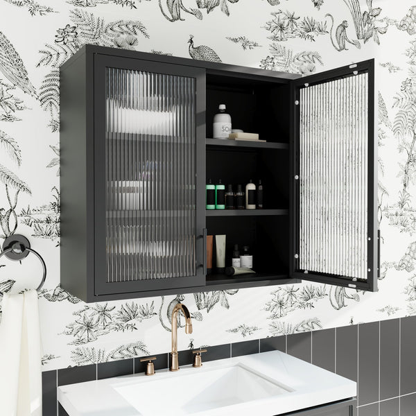 English Elm Retro Wall-Mounted Cabinet with Hazy Tempered Glass Doors, 2 Adjustable Shelves, Steel Black Finish W2378P176274
