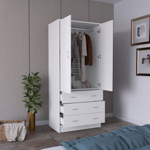 English Elm Armoire Melfa 71" H with 2 doors, 3 drawers and hanging rod for organized, elegant bedroom storage White 35 L x 24 W x 6 H B097S00120