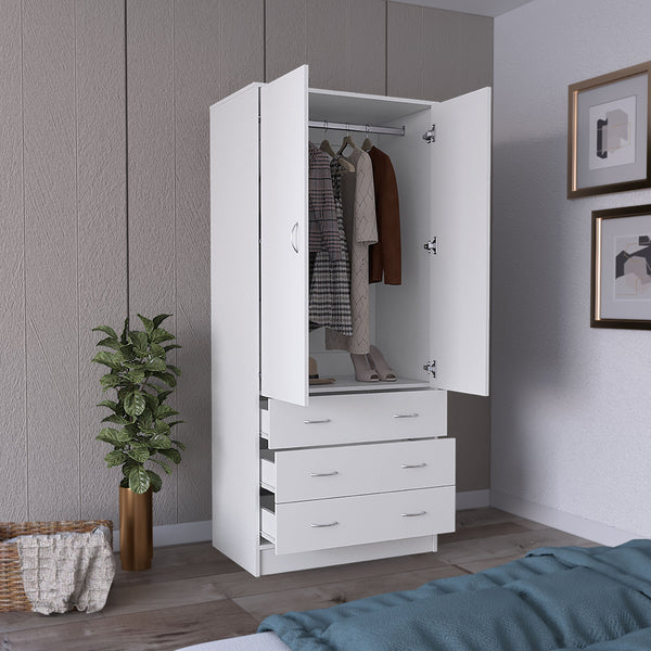 English Elm Armoire Melfa 71" H with 2 doors, 3 drawers and hanging rod for organized, elegant bedroom storage White 35 L x 24 W x 6 H B097S00120