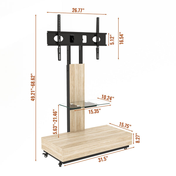 English Elm Tv Rolling Cart with Swivel Mount Lockable Wheels Pull Out Drawer Iron Frame Natural W241P246882