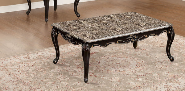 English Elm Transitional Ornate 2-Piece Living Room Table Set with Marble-Style Tops, Carved Cabriole Legs, Gold Accents Dark Walnut 41 L x 31 W x 9 H B2741S00574