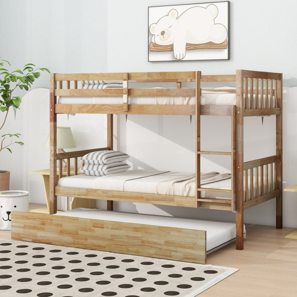 English Elm Twin Over Twin Bunk Bed With Trundle - Versatile Rubberwood Design, Safety Guardrails, Rustic Oak Finish W504S00159-GIGA