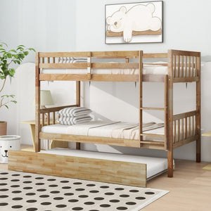 English Elm Twin Over Twin Bunk Bed With Trundle - Versatile Rubberwood Design, Safety Guardrails, Rustic Oak Finish W504S00159-GIGA