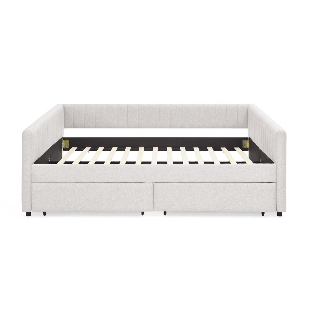 English Elm Queen Size Upholstered Daybed With Trundle & Storage Drawers, Stylish Beige Linen, Comfort & Function W1413S00068-GIGA