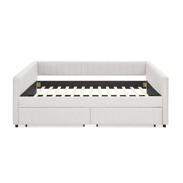 English Elm Queen Size Upholstered Daybed With Trundle & Storage Drawers, Stylish Beige Linen, Comfort & Function W1413S00068-GIGA