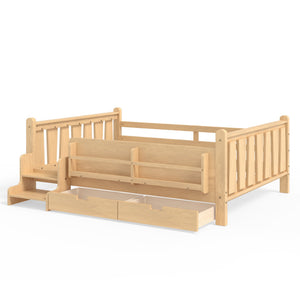 English Elm Twin Kids Platform Bed with Trundle Staircase Bookshelf and Rounded Safety Rails Light Natural W1580S00541