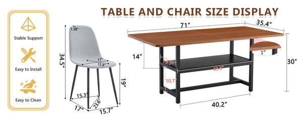 English Elm Table And Chair Set - Stylish Walnut Grain Dining Table With 6 Comfortable Light Gray Chairs W1151S04292-GIGA
