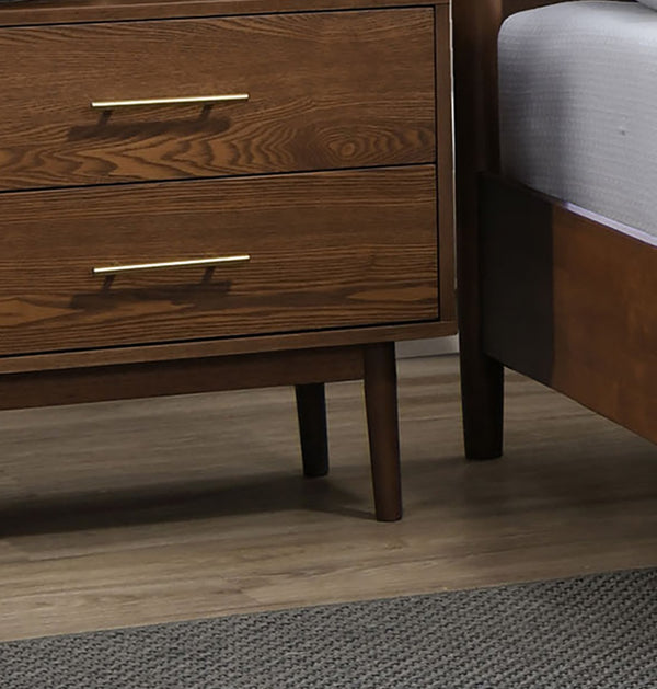 English Elm Walnut Mid-Century Nightstand with 2 Drawers, Gold Pulls, Solid Wood Finish, Tapered Legs, 23"W x 15.5"D B2741P361149